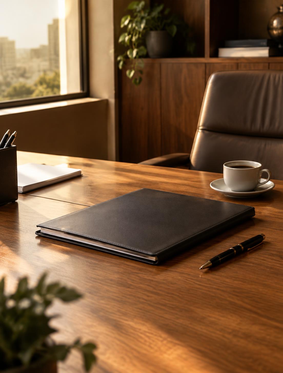 Ambiente profissional acolhedor com mesa, pasta e materiais de trabalho