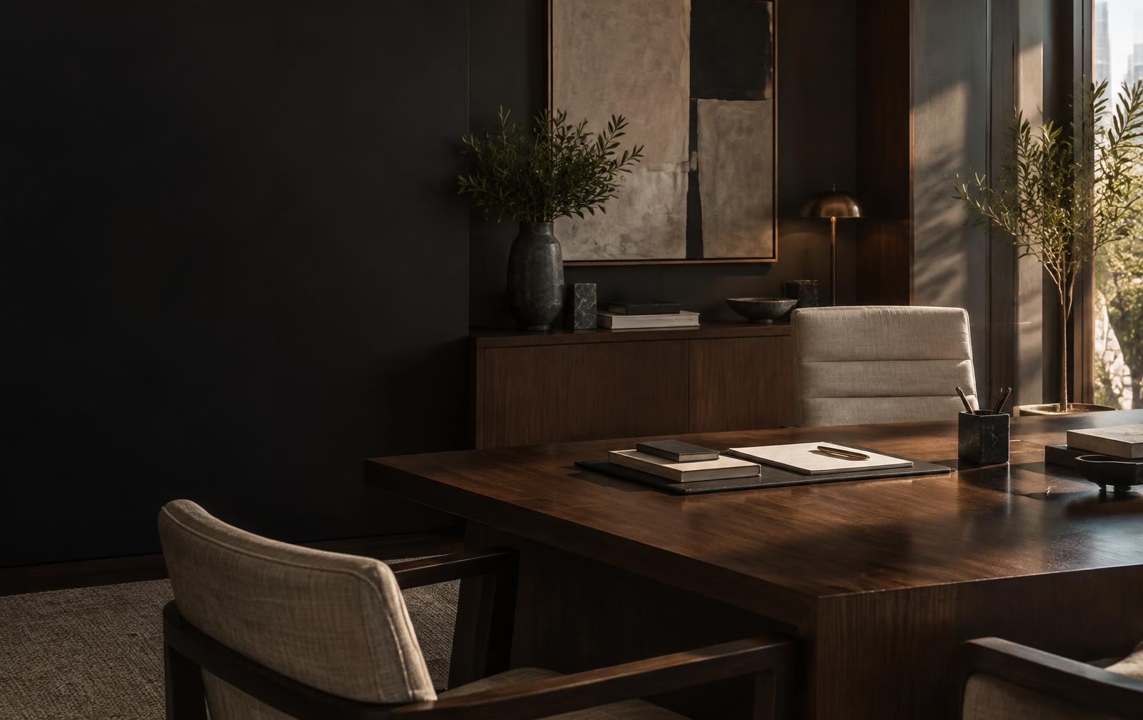 Ambiente de atendimento profissional com mesa e documentos